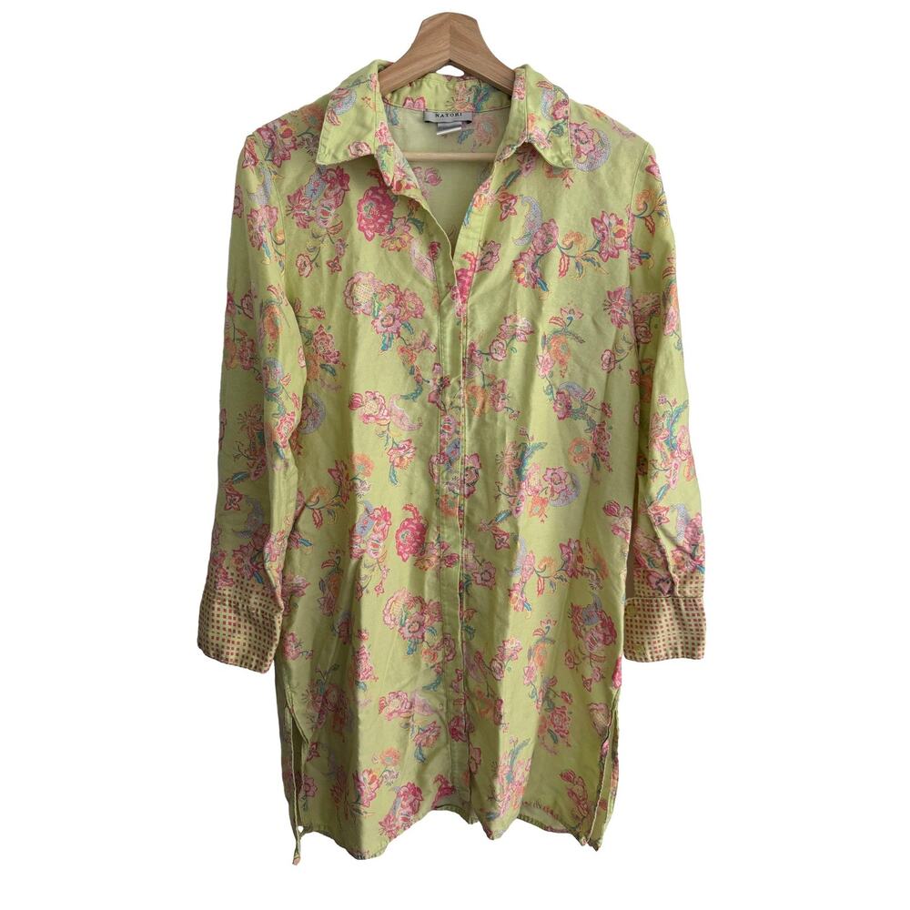 Natori Women's M Green Floral Paisley Tunic Blouse Long Sleeve Button Top